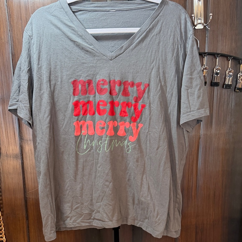 Gray V-Neck T-Shirt with Red and Green Text